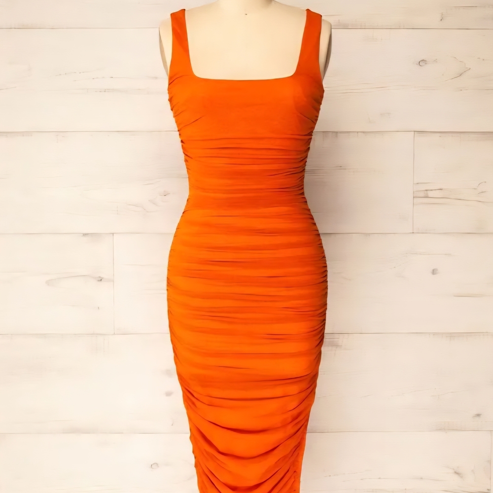 Orange Ruched Midi Dress